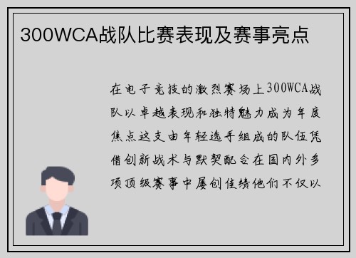 300WCA战队比赛表现及赛事亮点